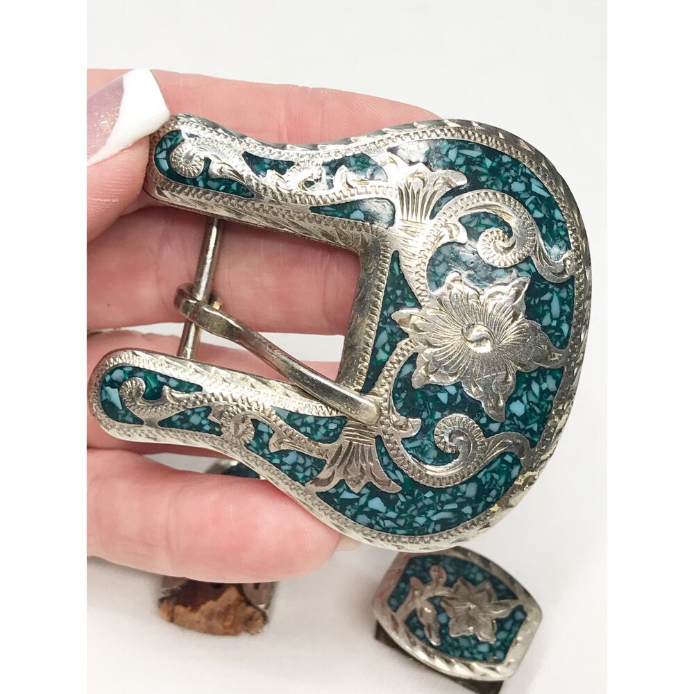 VTG Mexico Alpaca Silver Inlaid Turquoise Ornate Tipped Belt Buckle 3 Piece Set - Picture 9 of 16